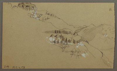 Tekening, rechterdeel van een schets van de El Yemen-vallei, Arabië: Ver uitzicht, 20 februari 1868 door Frederic Edwin Church