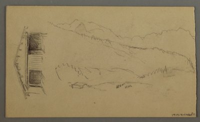 Tekening, daken, poort, bergtoppen, augustus 1868 door Frederic Edwin Church