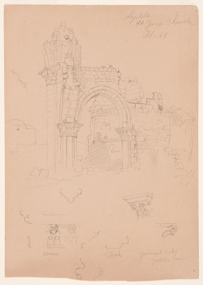 Tekening, Ruïnes van de Sint-Joriskerk, Lydda [het huidige Lod], 7 februari 1868 door Frederic Edwin Church