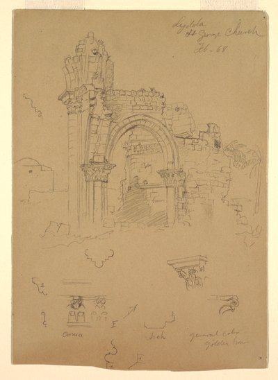 Tekening, Ruïnes van de Sint-Joriskerk, Lydda [het huidige Lod], 7 februari 1868 door Frederic Edwin Church