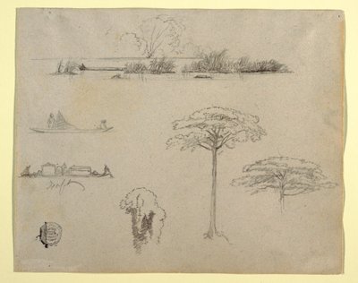Tekening, Schetsen uit Colombia: Rivierlandschap, Mannen op vlotten en Bomen, 1853 door Frederic Edwin Church
