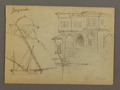 Tekening, Schetsen van een koepelstructuur, schip en statig huis, januari 1868 door Frederic Edwin Church