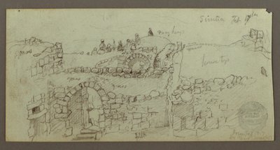 Tekening, stenen gebouw, mannen verzameld op het dak, 17 februari, mogelijk 1868 door Frederic Edwin Church