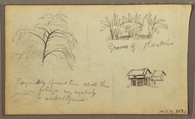 Tekening, straathoek in Guaquil, Ecuador; Verso: Botanische schetsen, huis, Ecuador of Colombia, 1857 door Frederic Edwin Church