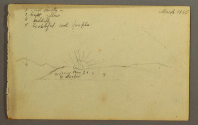 Tekening, Ondergaande zon achter lage heuvels, 1845 door Frederic Edwin Church