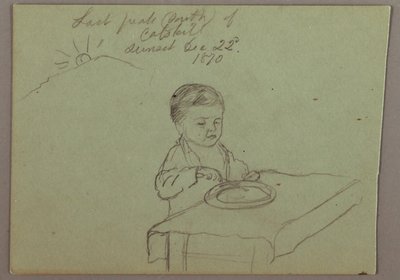 Tekening, zonsondergang, etend kind, 22 december 1870 door Frederic Edwin Church