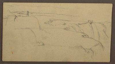 Tekening, Zonsondergang boven oever met schip, 1858 door Frederic Edwin Church