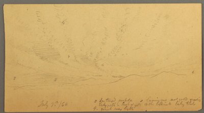 Tekening, Zonsondergang boven heuvels, 9 juli 1866 door Frederic Edwin Church