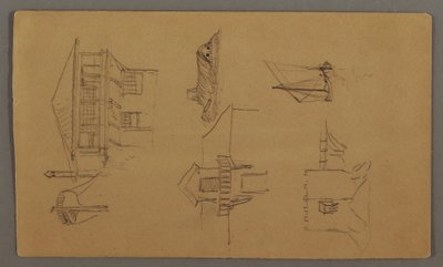 Tekening, Houten huis, twee zeilboten, dakstudies, mogelijk 1868 door Frederic Edwin Church