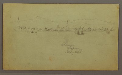 Tekening, Stad aan de kust, bergketen erachter, 27 mei 1868 door Frederic Edwin Church