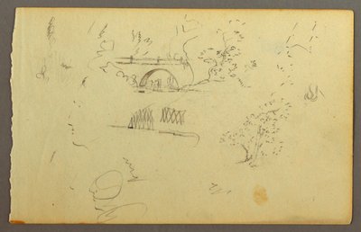 Tekening, Bomen, brug, gezichten in profiel, mogelijk 1844 door Frederic Edwin Church