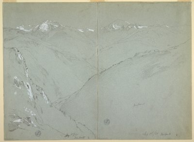 Tekening, Valleilandschap met besneeuwde toppen, Berner Alpen, Zwitserland, deel 1, 1 september 1868 door Frederic Edwin Church