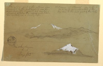 Tekening, Gezicht op de vulkaan Puresé, Colombia en de berg Sincholagua, Ecuador, 9 augustus en september 1853 door Frederic Edwin Church