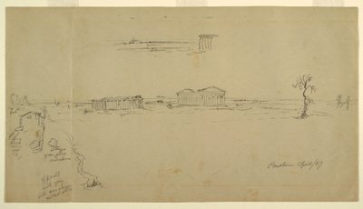 Tekening, Gezicht op de basiliek en de tempel van Neptunus, Paestum, Italië, april 1869 door Frederic Edwin Church