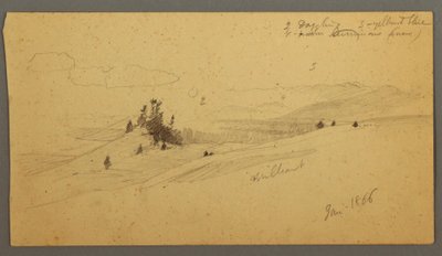 Tekening, beboste heuveltop, heuvelachtige vallei, zon, januari 1866 door Frederic Edwin Church