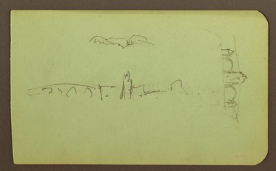 Tekening, heuvels, kerk, brug; Verso: figuur, kruis, kerk, 1883 door Frederic Edwin Church