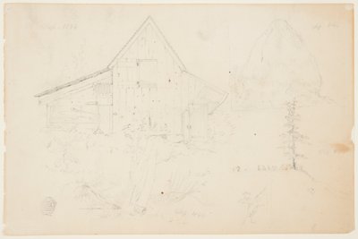 Schets van een schuur en hooiberg door Frederic Edwin Church