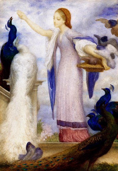 "Jene fille nourrissant les paons" Ze is gekleed in de antieke stijl. Schilderij van Lord Frederic Leighton (1830-1896) (prerafaëliet) door Frederic Leighton