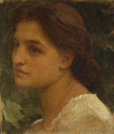 Portret van een jonge dame, kleine buste lengte, gekleed in een witte jurk door Frederic Leighton