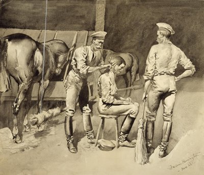 Een knipbeurt in een cavaleriestal door Frederic Remington