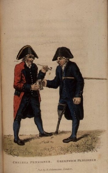 Een Chelsea-pensionaris en een Greenwich-pensionaris uit Ackermanns World in Miniature door Frederic Shoberl