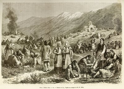 Een feest in Thebe, dat van de vasten van de Maagd, waarbij alle inwoners van de stad en de omgeving samenkomen, elke familie slacht een schaap voor de gelegenheid, op de voorgrond bereiden mannen het beest voor op het koken. Gravure naar de tekening van door Frederic Theodore Lix