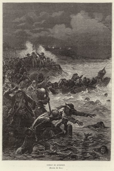 Slag bij Quiberon. Aanhangers van de Chouannerie en de Vendée-opstand proberen te vluchten voor Republikeinse troepen in Quiberon, Frankrijk, Franse Revolutie door Frederic Theodore Lix