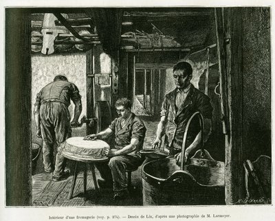Binnen in een kaasfabriek. Gravure door Lix, ter illustratie van het verhaal Door de Elzas en Lotharingen, door Charles Grad, Duitse afgevaardigde, in 1885, in de tour du monde 1887, onder leiding van Edouard Charton (1807-1890), Hachette, Parijs. door Frederic Theodore Lix