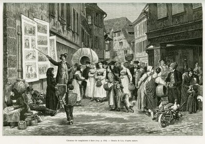 Lamentzanger in de straten van Barr. Gravure door Lix, ter illustratie van het verhaal Door de Elzas en Lotharingen, in 1887, door Charles Grad, Duitse afgevaardigde, in de tour du monde 1888, onder leiding van Edouard Charton (1807-1890), Hachette, Parijs door Frederic Theodore Lix