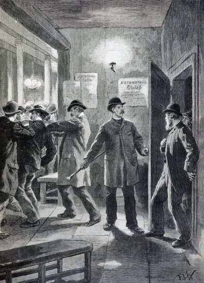 Politie-inval in een anarchistische club, Londen door Frederic Theodore Lix