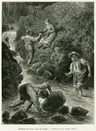 Forelvissers in de Vogezen. Gravure door Lix, ter illustratie van het verhaal Door de Elzas en Lotharingen, door Charles Grad, Duitse afgevaardigde, in 1885, in de tour du monde 1887, onder leiding van Edouard Charton (1807-1890), Hachette, Parijs. door Frederic Theodore Lix