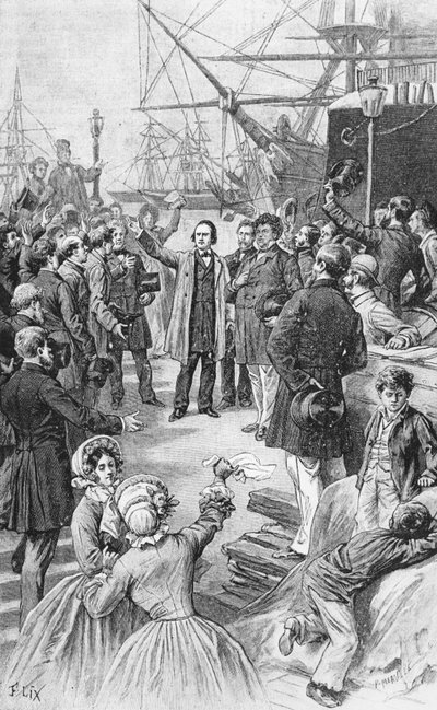 Victor Hugo (1802-85) neemt afscheid van zijn vrienden en supporters in Antwerpen op 1 augustus 1852, c.1885 door Frederic Theodore Lix