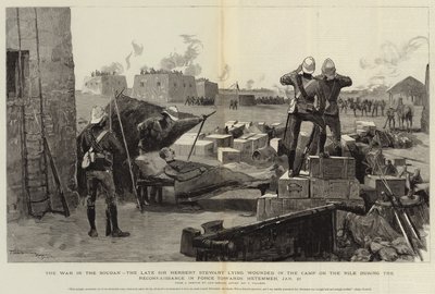 De oorlog in Soedan, de overleden Sir Herbert Stewart liggend gewond in het kamp aan de Nijl tijdens de verkenning in kracht richting Metemmeh, 21 januari door Frederic Villiers