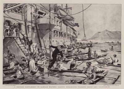 Een Brits slagschip in Samoaanse wateren, inheemse handelaren die fruit en groenten verhandelen door Frederic de Haenen