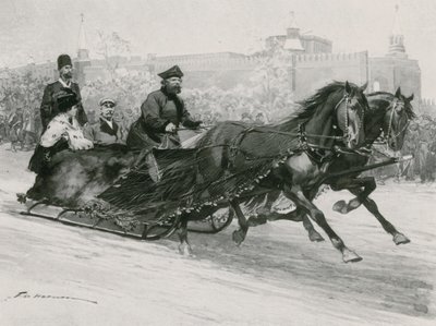Een slee met blauw zijden net, om te voorkomen dat de sneeuw de inzittenden besproeit, het Kremlin op de achtergrond door Frederic de Haenen