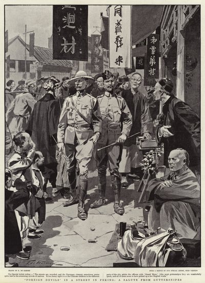 Buitenlandse duivels in een straat in Peking, een groet van straatjongens door Frederic de Haenen