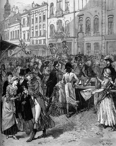 Historische viering van de herdenking van het beleg van Lille in 1792: de Braderie Watteau in de straten van de stad met de modieuze inwoners van de 18e eeuw. Gravure door De Haenen in Le Monde Illustré nr. 1334 van 21 oktober door Frederic de Haenen