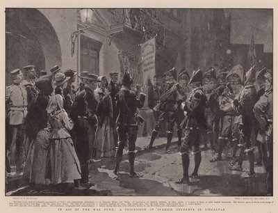 Ten Bate van het Oorlogsfonds, een Processie van Spaanse Studenten in Gibraltar door Frederic de Haenen