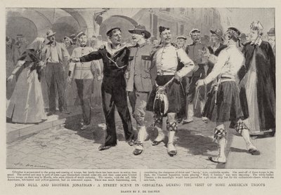 John Bull en broer Jonathan, een straattafereel in Gibraltar tijdens het bezoek van enkele Amerikaanse troepen door Frederic de Haenen
