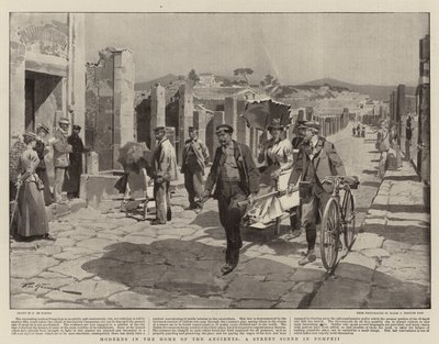 Modernen in het huis van de ouden, een straattafereel in Pompeii door Frederic de Haenen