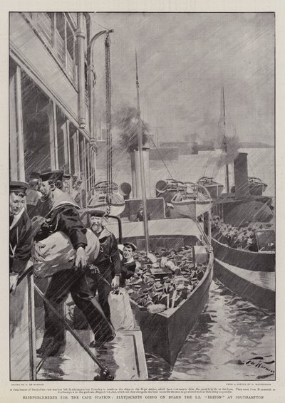 Versterkingen voor het Kaapstation, matrozen gaan aan boord van de SS Briton in Southampton door Frederic de Haenen