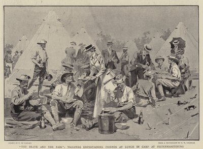 De Dappere en de Schone, Ruiters vermaken Vrienden tijdens de Lunch in Kamp bij Pietermaritzburg door Frederic de Haenen