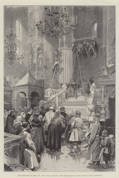 De kroning van de tsaar, het publiek inspecteert de voorbereidingen in de Kerk van de Hemelvaart door Frederic de Haenen