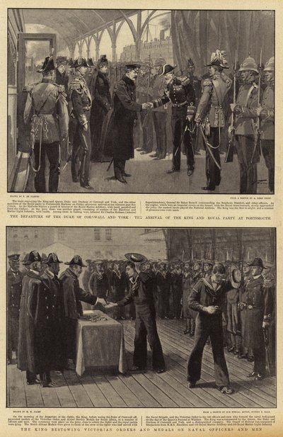 Het vertrek van de hertog van Cornwall en York, de aankomst van de koning en het koninklijk gezelschap in Portsmouth, de koning die Victoriaanse orden en medailles uitreikt aan marineofficieren en mannen door Frederic de Haenen