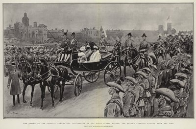 De Review van de Koloniale Kroningsdetachementen op de Horse Guards Parade, de Koets van de Koningin die langs de Lijn rijdt door Frederic de Haenen