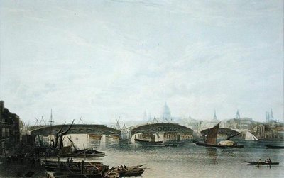 Een Uitzicht op de Southwark Bridge zoals het verscheen in mei 1818, gegraveerd door W. Bennett naar een tekening van het origineel door W.H. Timms door Frederick (after) Nash