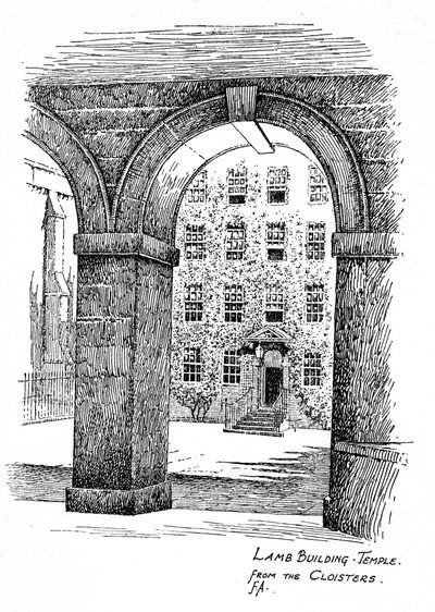 Lamb Building, Temple, vanuit de kloosters, Londen, 1912 door Frederick Adcock