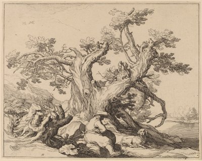 Een man en zijn hond rusten bij een grote boom door Frederick Bloemaert after Abraham Bloemaert