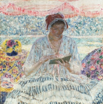 Zomerlezen (onder de luifel) door Frederick Carl Frieseke