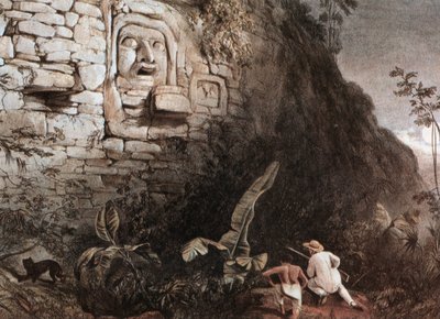 Jager en zijn gids voor het Maya-hoofd van Itzam Na door Frederick Catherwood